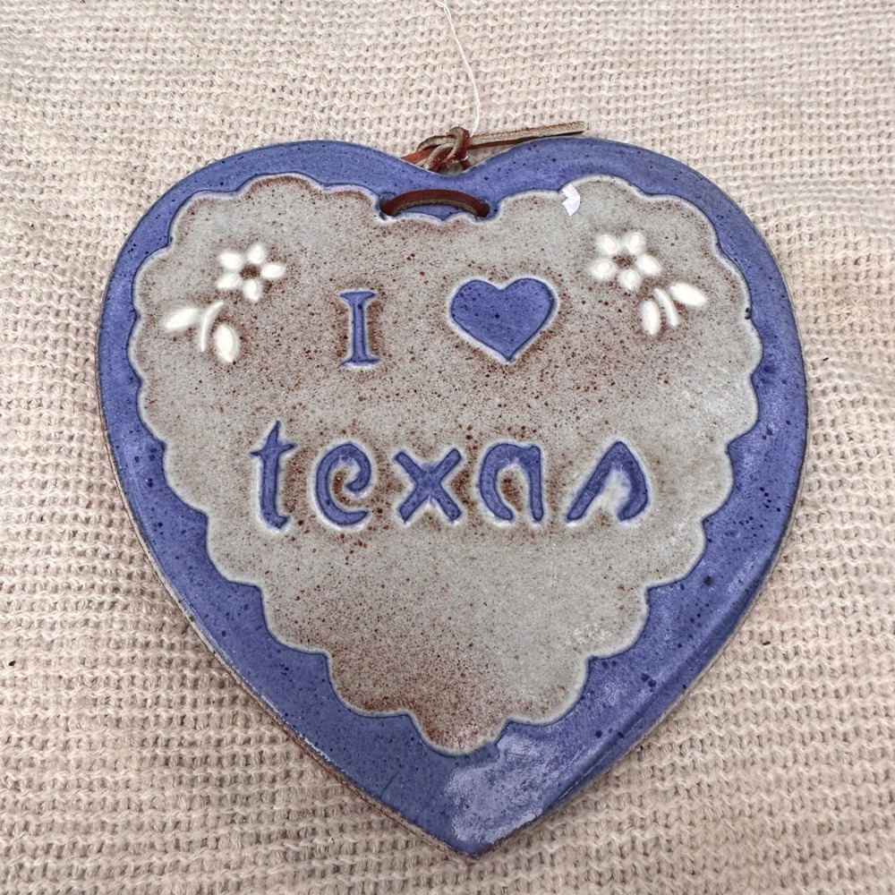 I Love Texas Heart Wall Plaque Handmade Pottery Vintage Folk Art Cottagecore